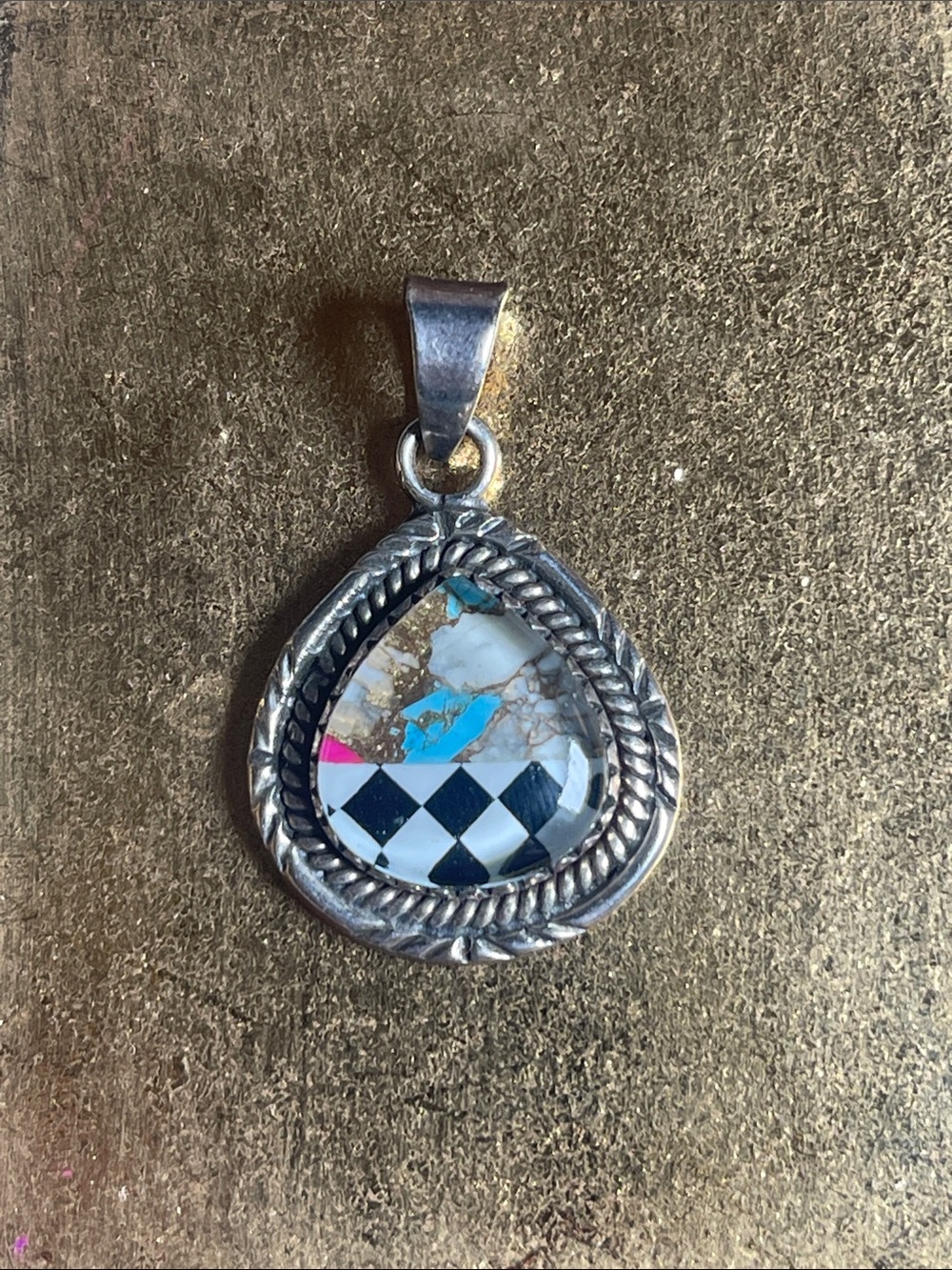 Sterling silver Teardrop Inlay Pendant with Turquoise, Black & White Pattern